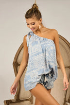 BiBi Top One Shoulder Tied Ribbon Blue Aztec Printed Woven Asymmetrical Blouse c074a74720364a4199cc9fc8d5170d36-Max-Origin Trendsi