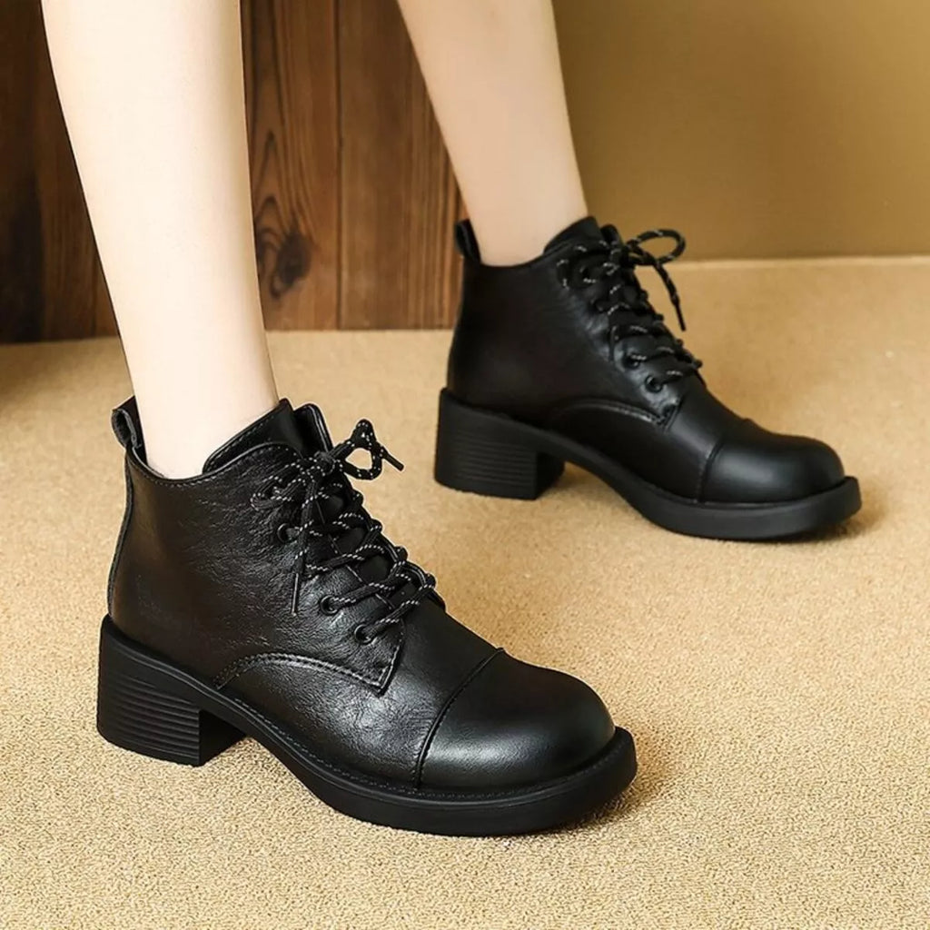 Women's Ankle Boots Pu Leather Round Toe Block Mid Heels Shoes c087485b50de45fb8225c8fed3cf240a-Max-Origin Trendsi