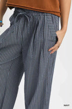 Umgee Wide-Leg Pants Navy Blue Striped Drawstring Trousers with Pockets c08872f1-943c-4b11-ad8f-0d1fa93b9d78-Max-Origin Trendsi
