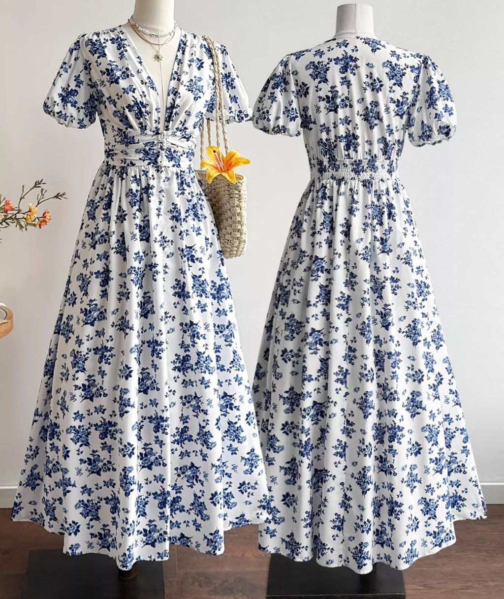 Floral Print V-Neck Puff Sleeve Dress