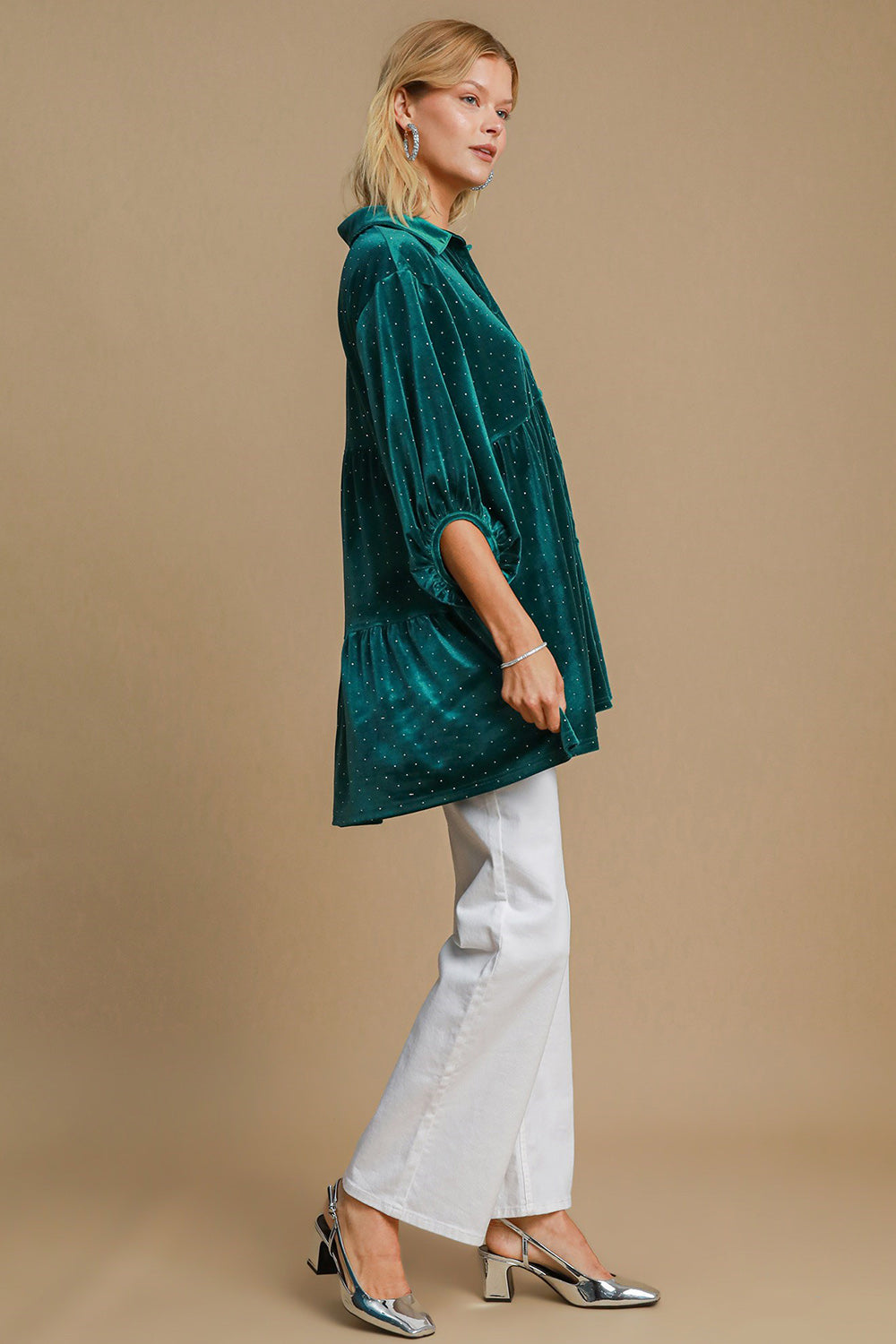 Umgee Women Shirt Polka Dot Teal Green Collared Neck Button Up Long Sleeve c08daa91-c042-4f93-bd6d-94d89c38c721-Max Trendsi