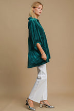 Umgee Women Shirt Polka Dot Teal Green Collared Neck Button Up Long Sleeve c08daa91-c042-4f93-bd6d-94d89c38c721-Max Trendsi