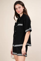 VERY J Black Outfit Set Crinkled Woven Shirt Top & Pocketed Shorts c093db5b7f3f4b17bb38939d9d22cf08-Max-Origin Trendsi