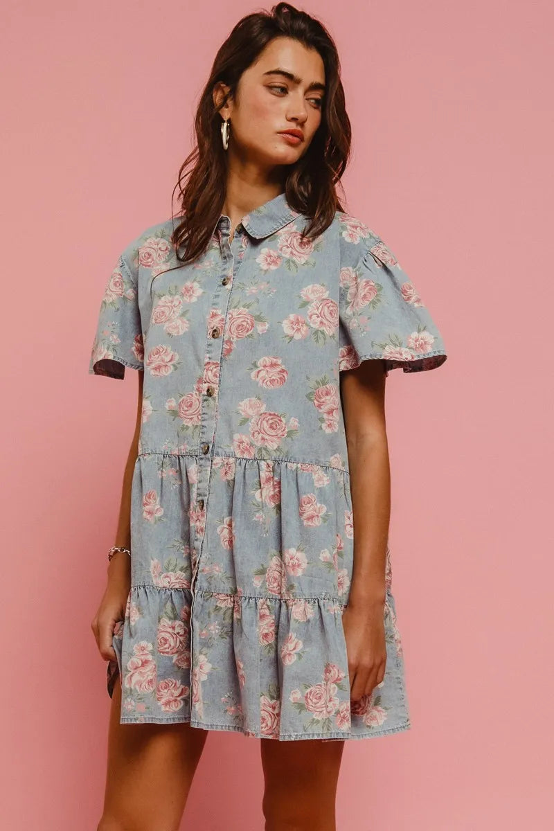 BiBi Shirt Dress Ruffle Light Denim Floral Print Washed Lightweight Tiered c0953f0129ee4fb0aa92015bc17fdefc-Max-Origin Trendsi