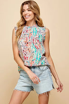 Lime 'N' Chili Top Floral Graphic Print Ruffle Trim Mock Neck Sleeveless LT GREY c099157212844fe2814d9a631a75591f-Max-Origin Trendsi