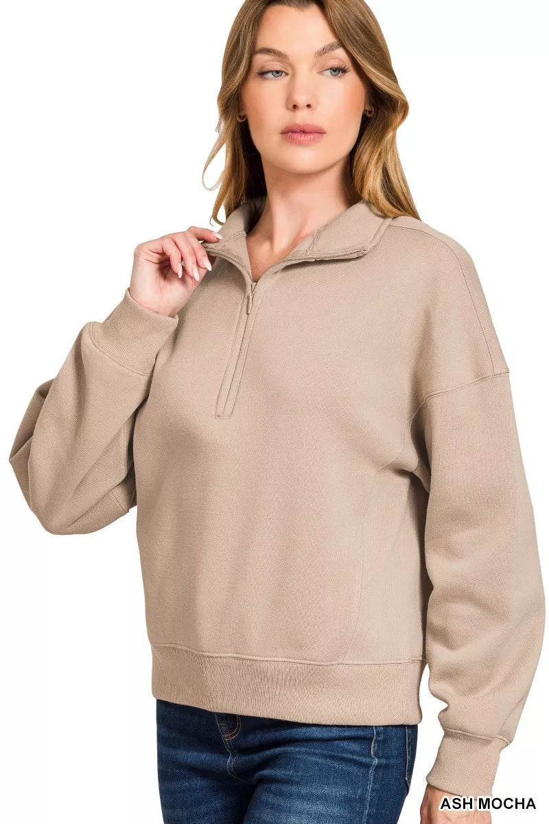 Zenana Fleece Sweatshirt Mocha High Neck Half Zip Womens Top c0af584d069d43ec8df962feae026476-Max-Origin Trendsi