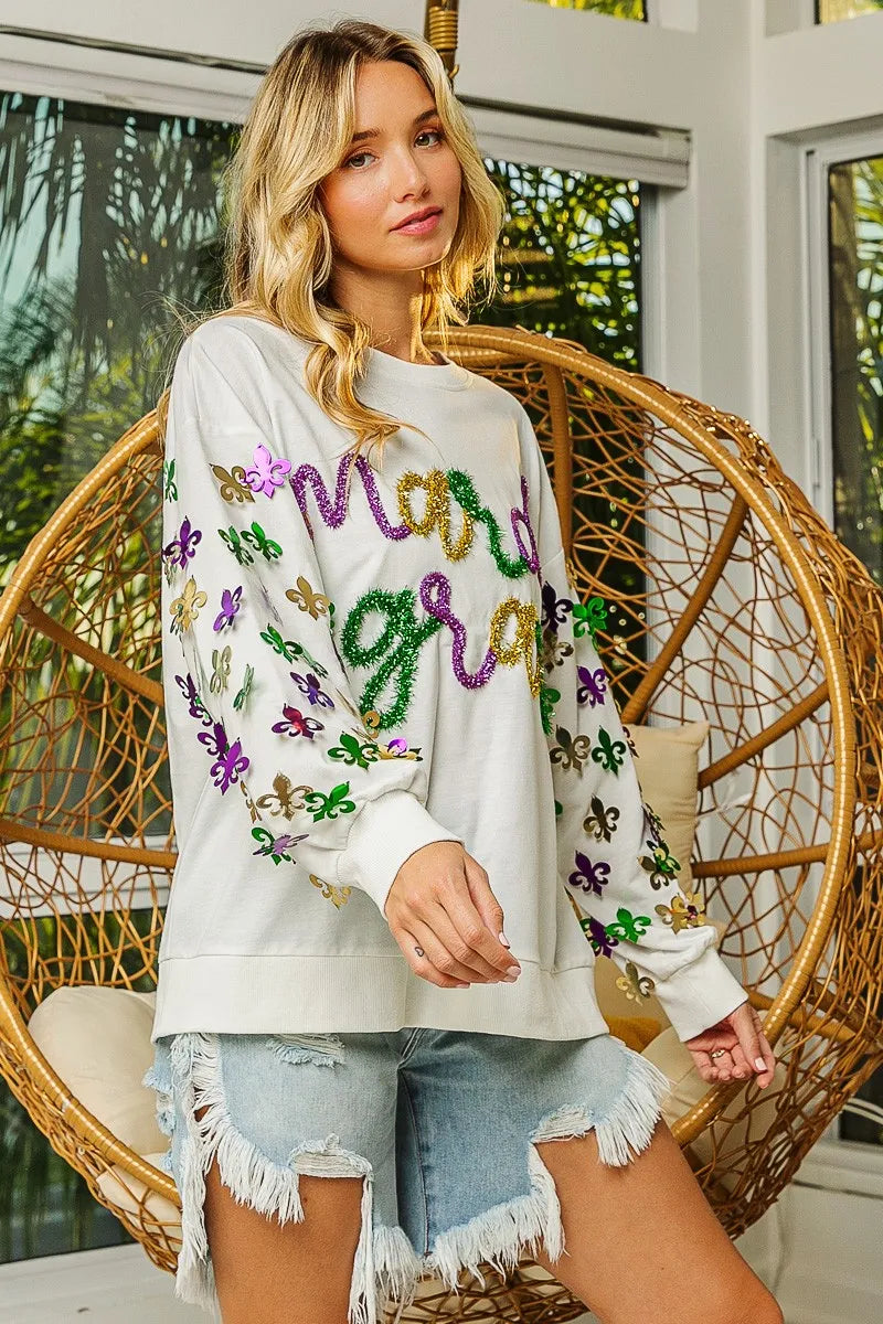BiBi Womens Pullover Off White Fleur De Lis Sleeve Mardi Gras c0b59a9929a74c78904710242baab4e9-Max-Origin Trendsi