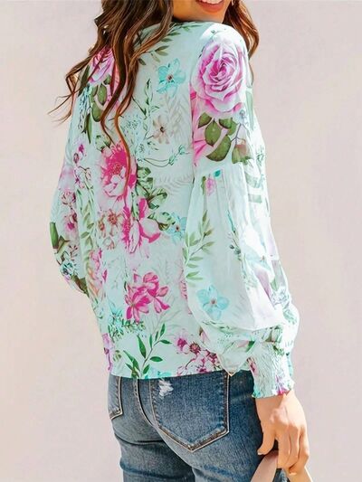 Floral Blouse Smocked Printed Round Neck Lantern Long Sleeve Top c0b6b830-a371-4b3c-973b-6c16fc73406b-Min Trendsi