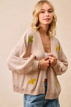 BiBi Knit Cardigan Womens Oatmeal Two Tone with Leaf Patches Open c0bce2ad24684bcc9b1d2b4f58188e58-Max-Origin Trendsi