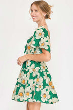 Umgee Mini Dress Daisy Green Print with Ribbon Details Ruffle Short Sleeve c0c92267-a705-4d62-bcc2-9a929bd07271-Max Trendsi