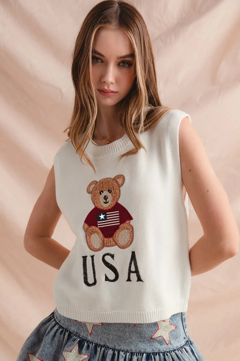 SO ME Sweater Vest Teddy Bear Wearing An American Flag With Usa Embroidered c0cc05da96974750a6431d0fdbdd6133-Max-Origin Trendsi