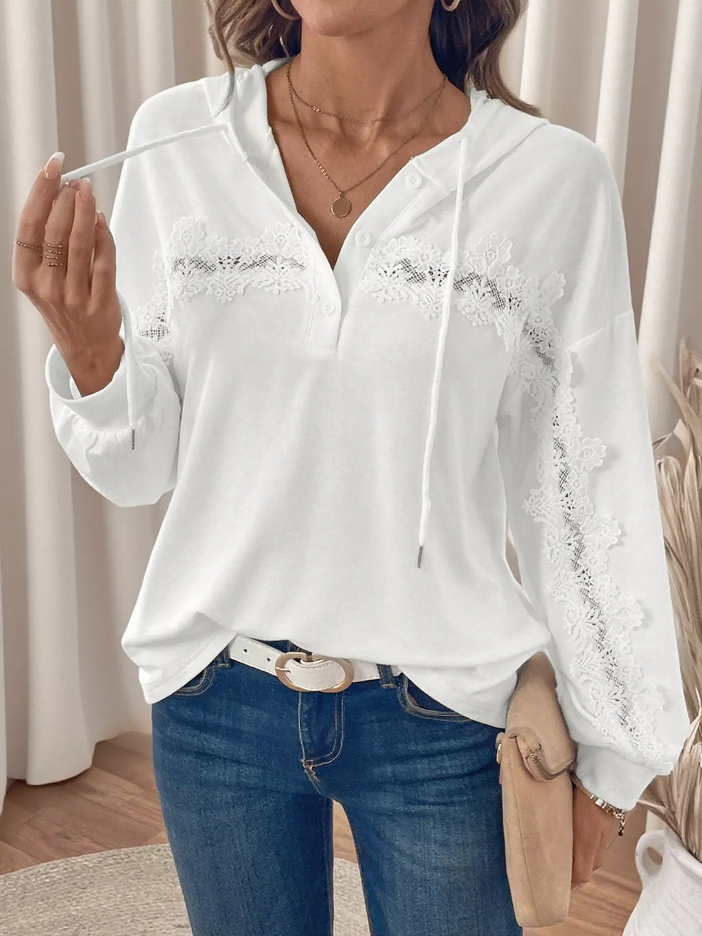 Women's Hoodie White Viscose Lace Detail Long Sleeve Drawstring Hood c0d6010cf7fb4062a278d6c7e28ad3b1-Max-Origin Trendsi