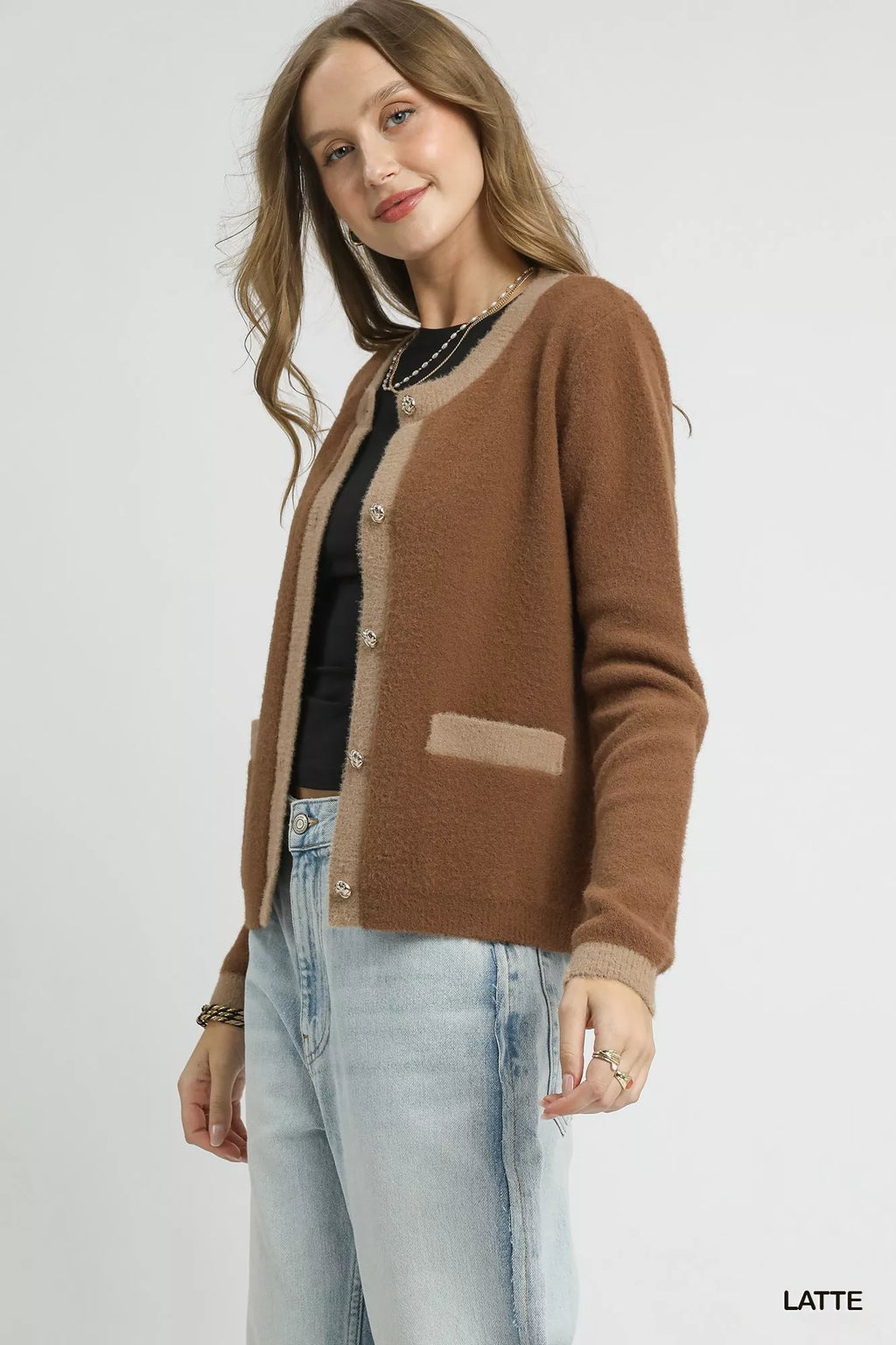 Umgee Womens Cardigan Latte Brown Two-Tone Button Front Sweater c0db5b6e-7890-4544-bf92-b1fc2d4d5c19-Max-Origin Trendsi