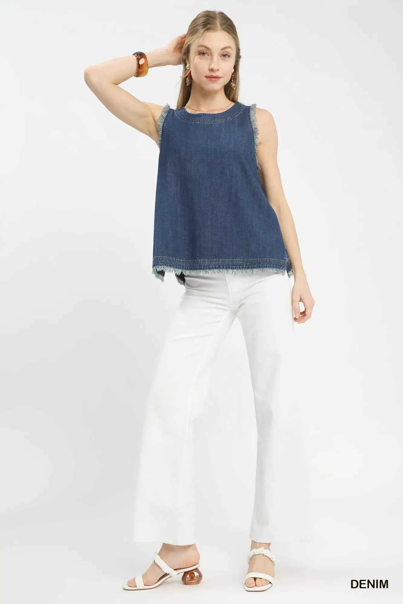 Umgee Denim Top Blue Sleeveless Fringe Hem Blouse c0df10c0-01de-4f19-8514-c7c6367c1602-Max-Origin Trendsi