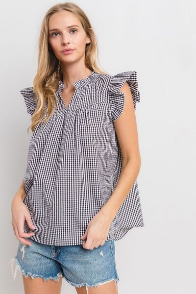 Ces Femme Plaid Blouse Notched Ruffled Cap Short Sleeve c0e4c6c0-8ce0-4329-b6e7-e145ec56c6af-Min Trendsi