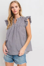 Ces Femme Plaid Blouse Notched Ruffled Cap Short Sleeve c0e4c6c0-8ce0-4329-b6e7-e145ec56c6af-Min Trendsi