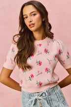 SO ME Womens Sweater Top Blush Pink Floral Pattern Knit Puff Short Sleeves c0f3feffa1194e0180e8114e8a0778c7-Max-Origin Trendsi