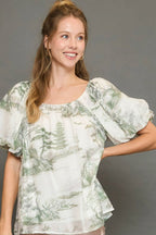 Umgee Blouse Two Tone Toile Print Short Puff Sleeve Top Gum Leaf c0ff4d30-6e58-4316-b51b-a3576aa2ad6d-Max Trendsi