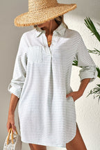 Mini Shirt Dress Striped Johnny Collar Long Sleeve Cotton Pocket Dresses c1021dcb-32c0-4f5a-bb1b-de4e6139d2e7-Max Trendsi