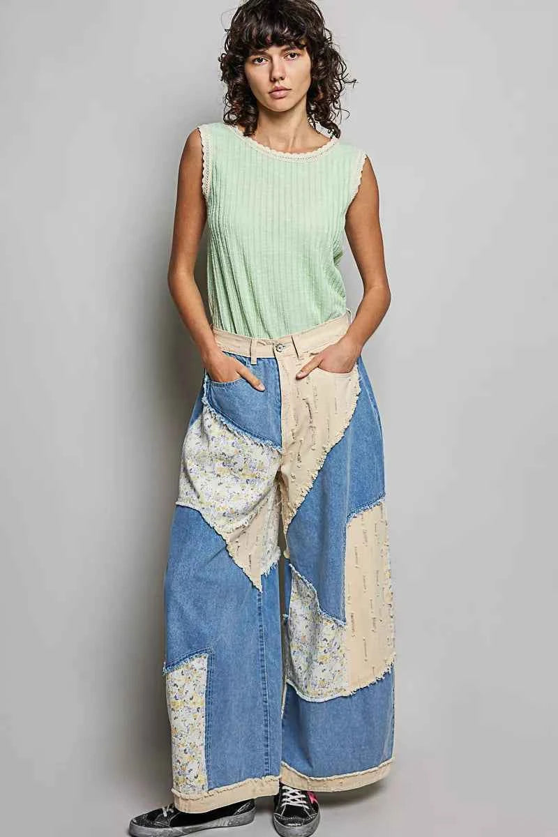 POL Ribbed Round Neck Tank with Lace Trim