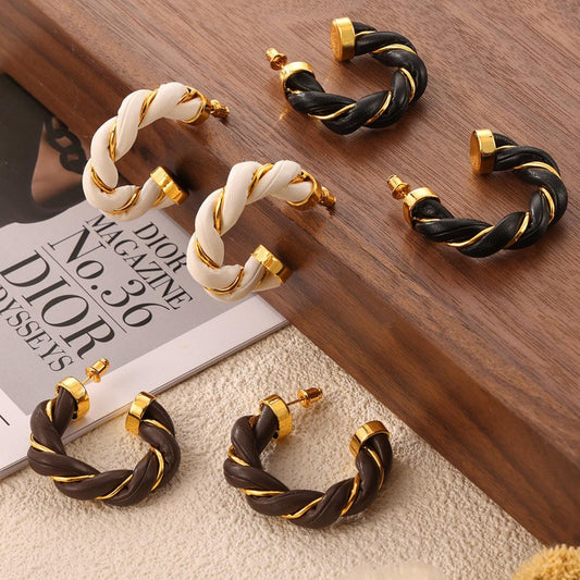 Earrings 18K gold-plated Twisted Leather Rope C-Hoop Jewelry