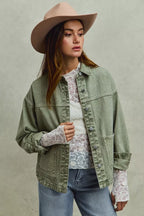 SO ME Womens Denim Shacket Olive Vintage Washed Button Twill Outwear c11b6a520ca8467ea38bff1ccae6e55b-Max-Origin Trendsi