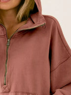 BiBi Women's Fleece Hoodie Terracotta Stitch Detailed Elastic Hem Half Zip c11b8351-07ed-473f-83be-2eea8d72ba6e-Max-Origin Trendsi
