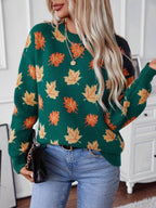 Maple Leaf Sweater Round Neck Long Sleeve Green Pullover c11e22fe-7dc3-4ba8-8eb4-c536cec407e1-Max Trendsi