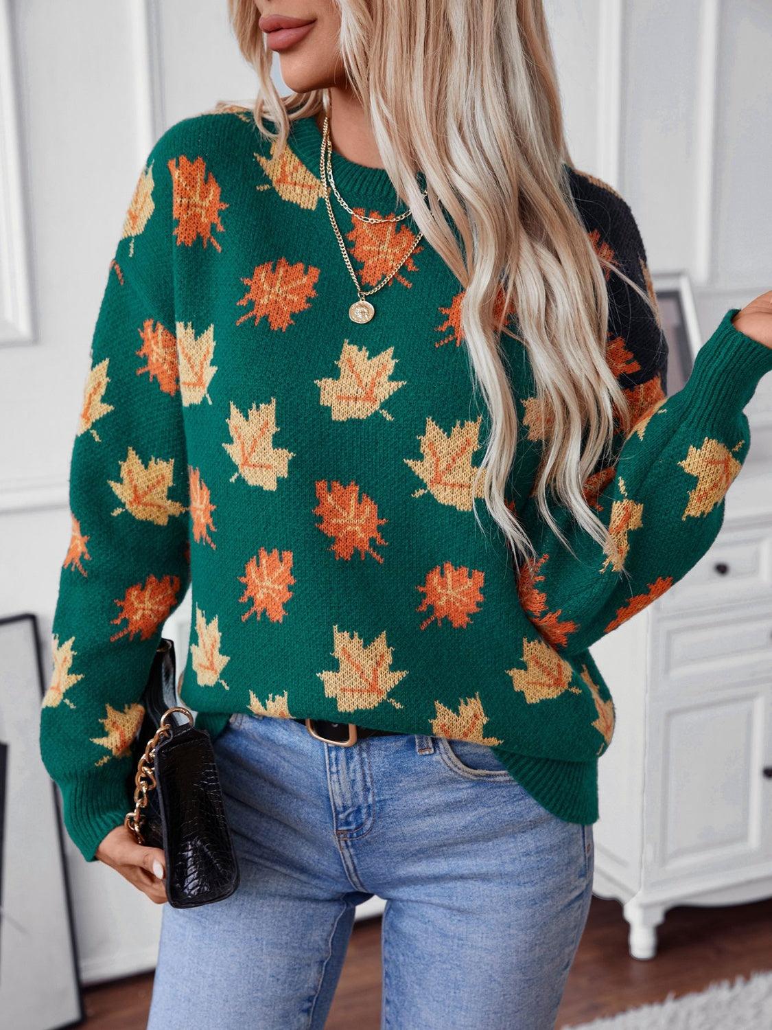 Maple Leaf Sweater Round Neck Long Sleeve Green Pullover c11e22fe-7dc3-4ba8-8eb4-c536cec407e1-Max Trendsi