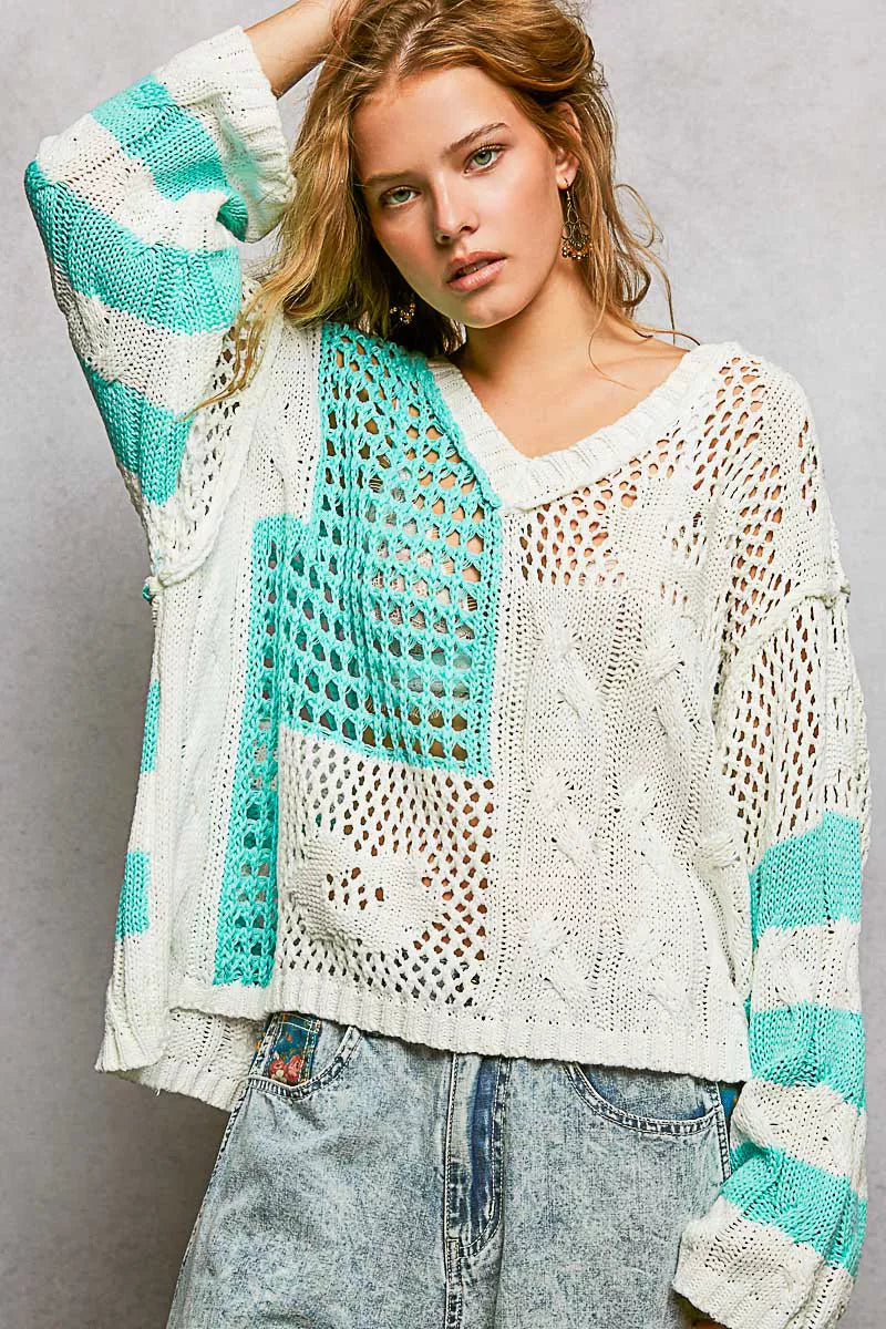 POL Color-Blocked Stripe Pattern Knit Top with Twisted Weave