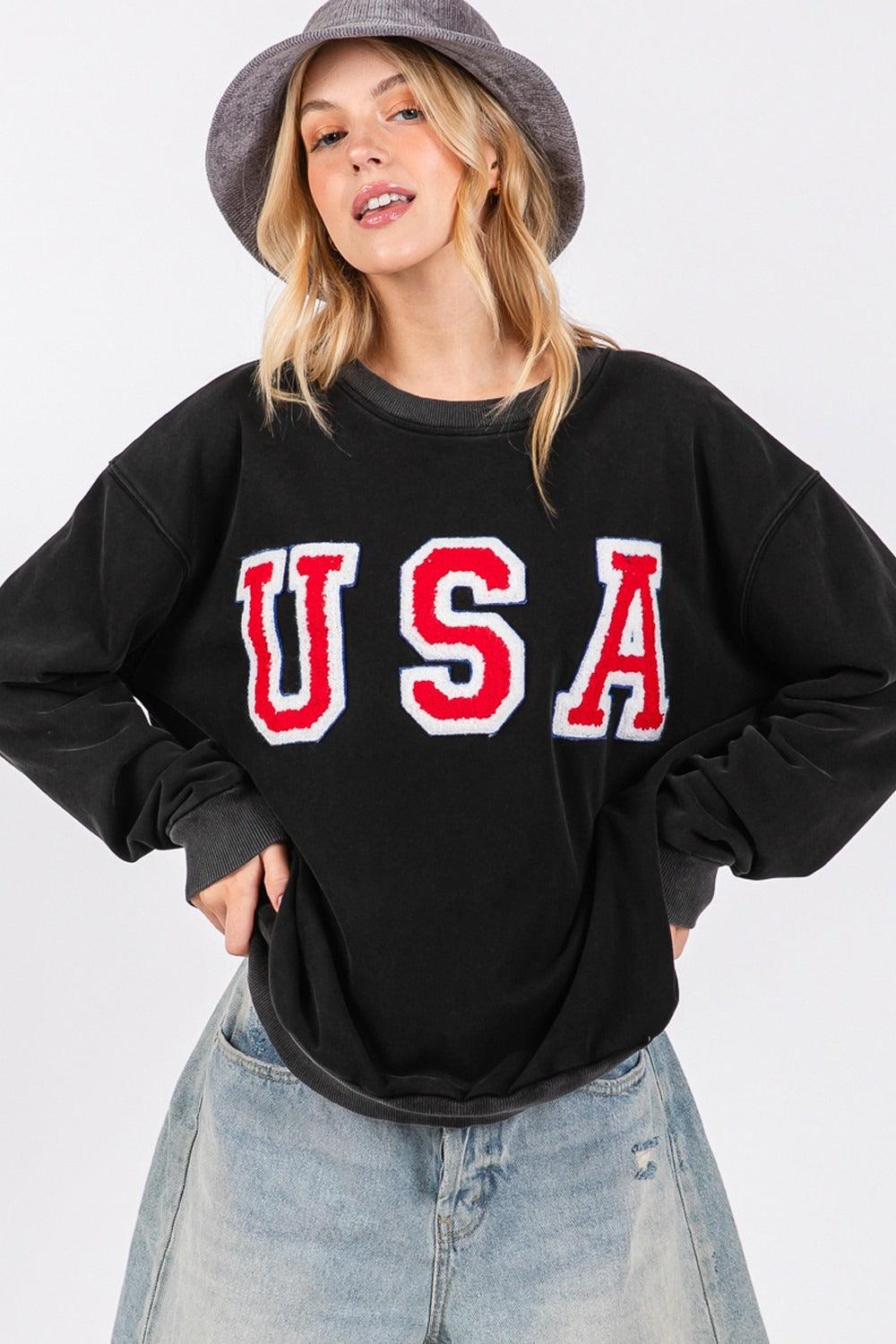 SAGE + FIG USA Letter Patch Round Neck Sweatshirt c125e29d-3817-41ae-aeb5-5051abd727a4-Max Trendsi
