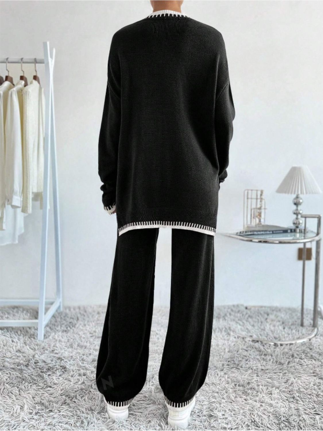 Outfit Set Knit Sweater Side Slit Contrast Trim Round Neck Top and Pants Set