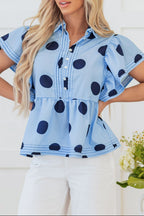 Polka Dot Blouse Ruffled Short Sleeve Shirt Light Blue Shirt Top c1304f22-7197-4bb8-a1b6-f25e4b4d4ddf-Max Trendsi
