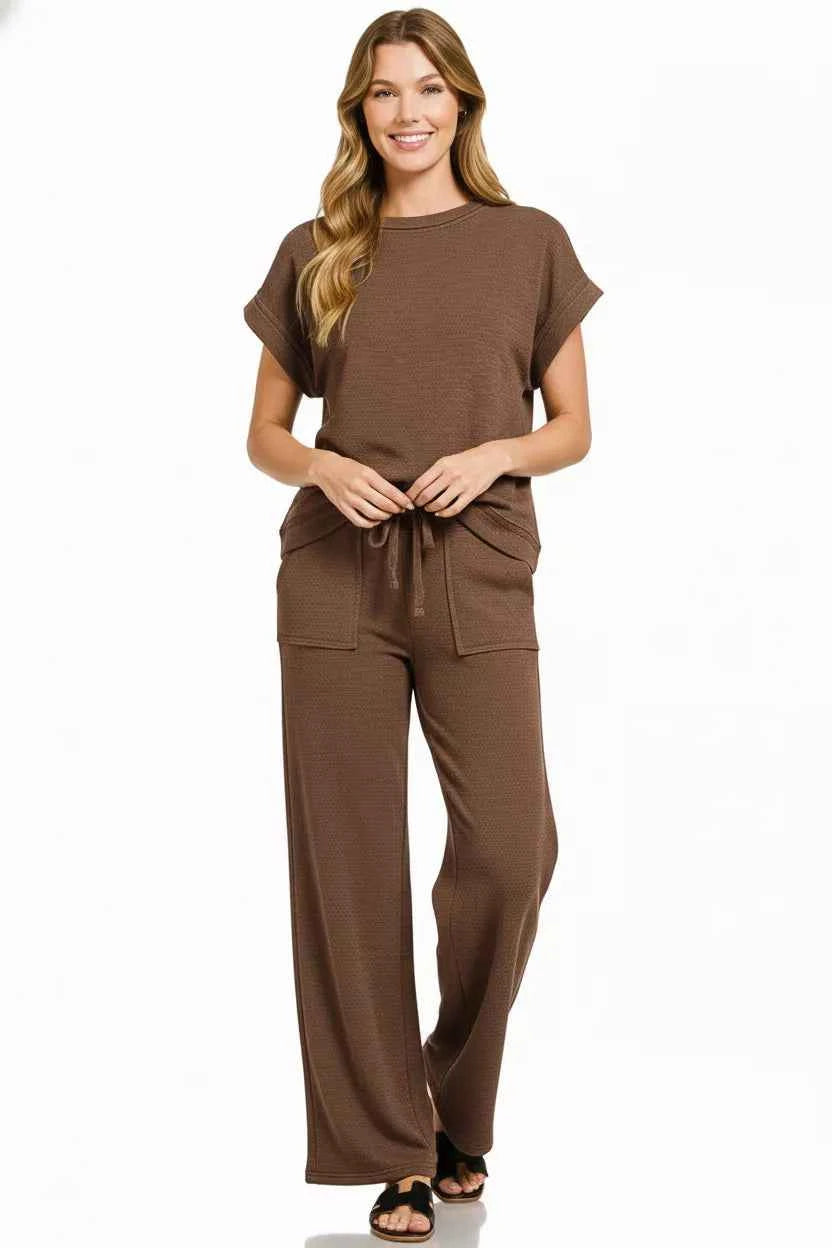 Zenana Cotton Slub Short Sleeve Tee and Pants Set