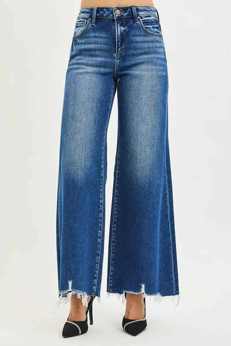 RISEN High Rise Wide Leg Jeans with Distressed Hem c13f7163383043f6a39e0a45a64f20de-Max-Origin Trendsi