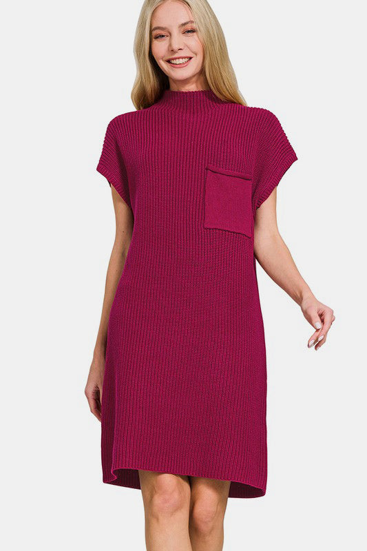 Zenana Sweater Mini Dress Knit Short Sleeve Cabernet High Neck Patch Pocket Cabernet c140ac39-8d0e-4804-85ee-309eb1955974-Max Trendsi