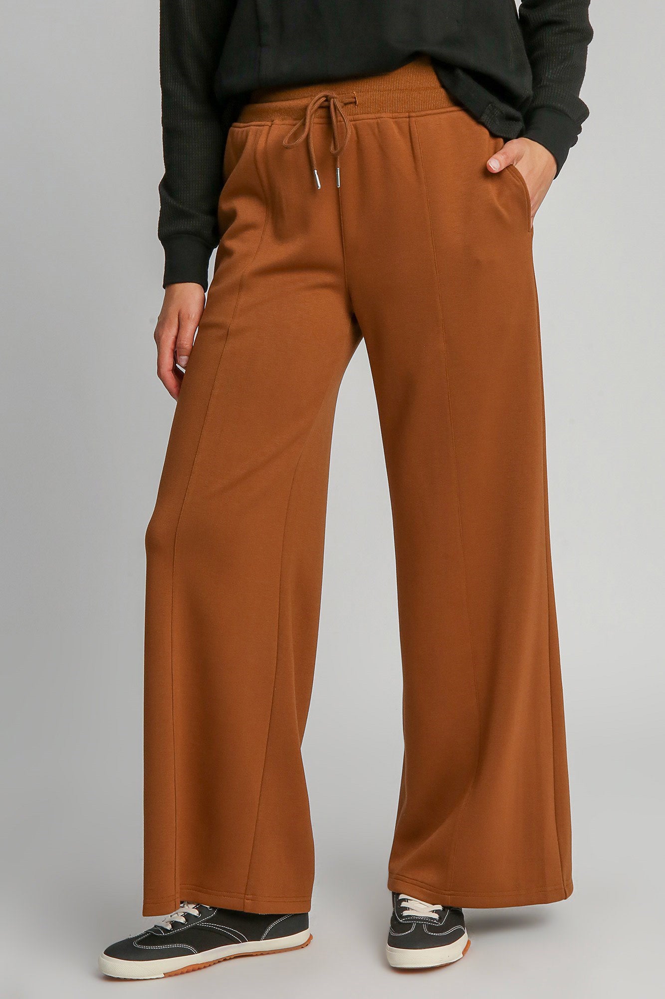 Umgee Women Pants Terracotta Wide Leg Drawstring Waist with Pockets