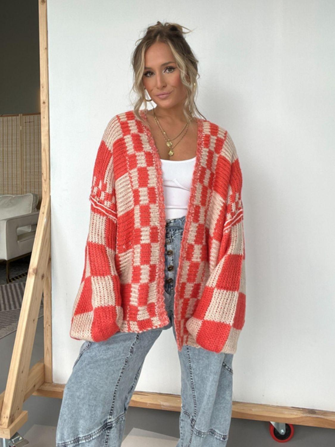 Plaid Cardigan Knit Oversized Open Front Long Sleeve Knitwear Deep Red S c14deede-58bb-496f-b256-bf07be6259c4-Max_cd95bf0d-df2b-493b-a2e2-1db7f82facc0 Trendsi