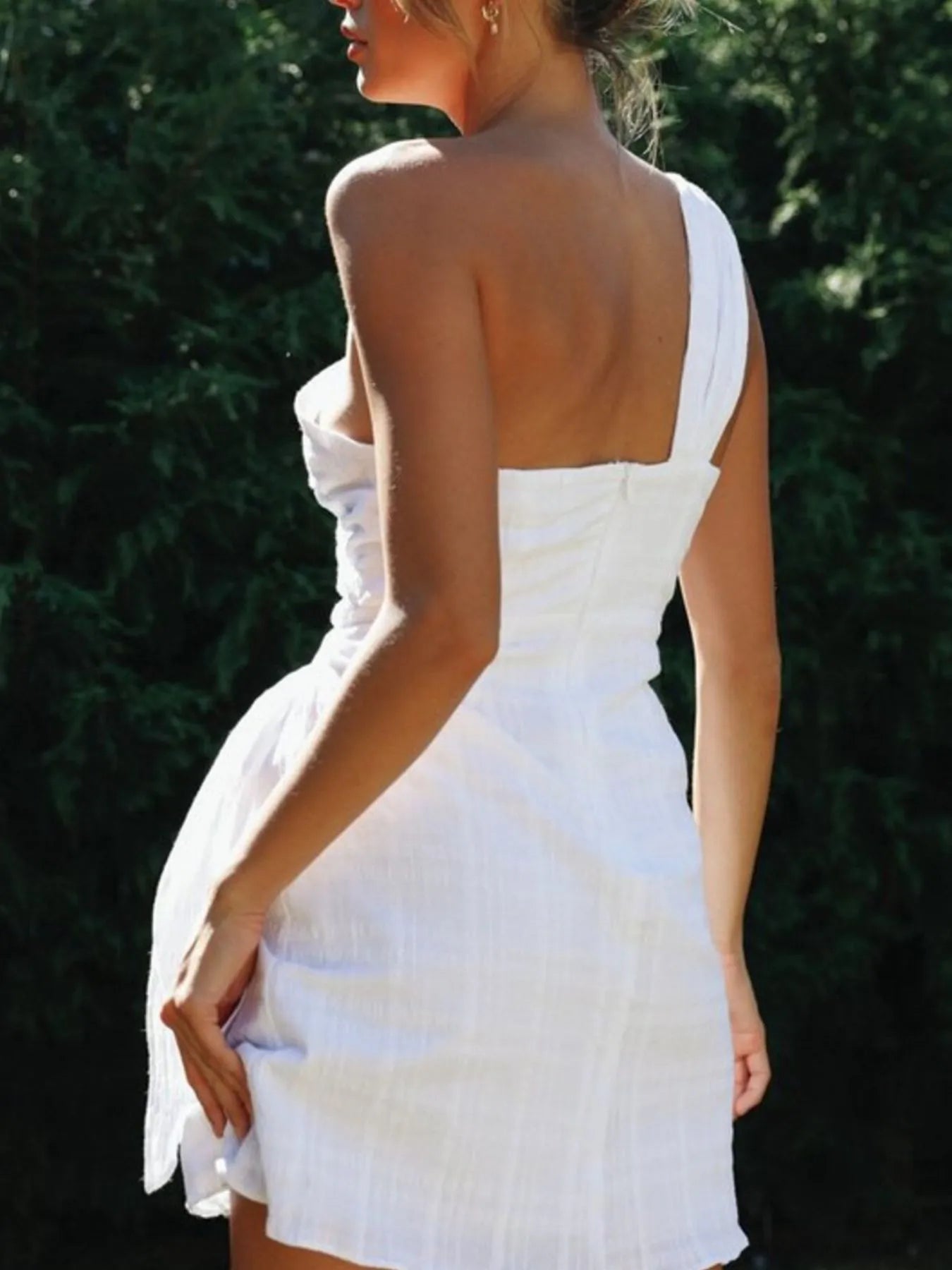 Mini Dress Ruched One-Shoulder Asymmetrical Side Tied Cotton Blend c17223e2-70e8-40fc-865d-a3a428f3ebd6-Max-Origin Trendsi