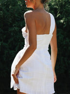 Mini Dress Ruched One-Shoulder Asymmetrical Side Tied Cotton Blend c17223e2-70e8-40fc-865d-a3a428f3ebd6-Max-Origin Trendsi