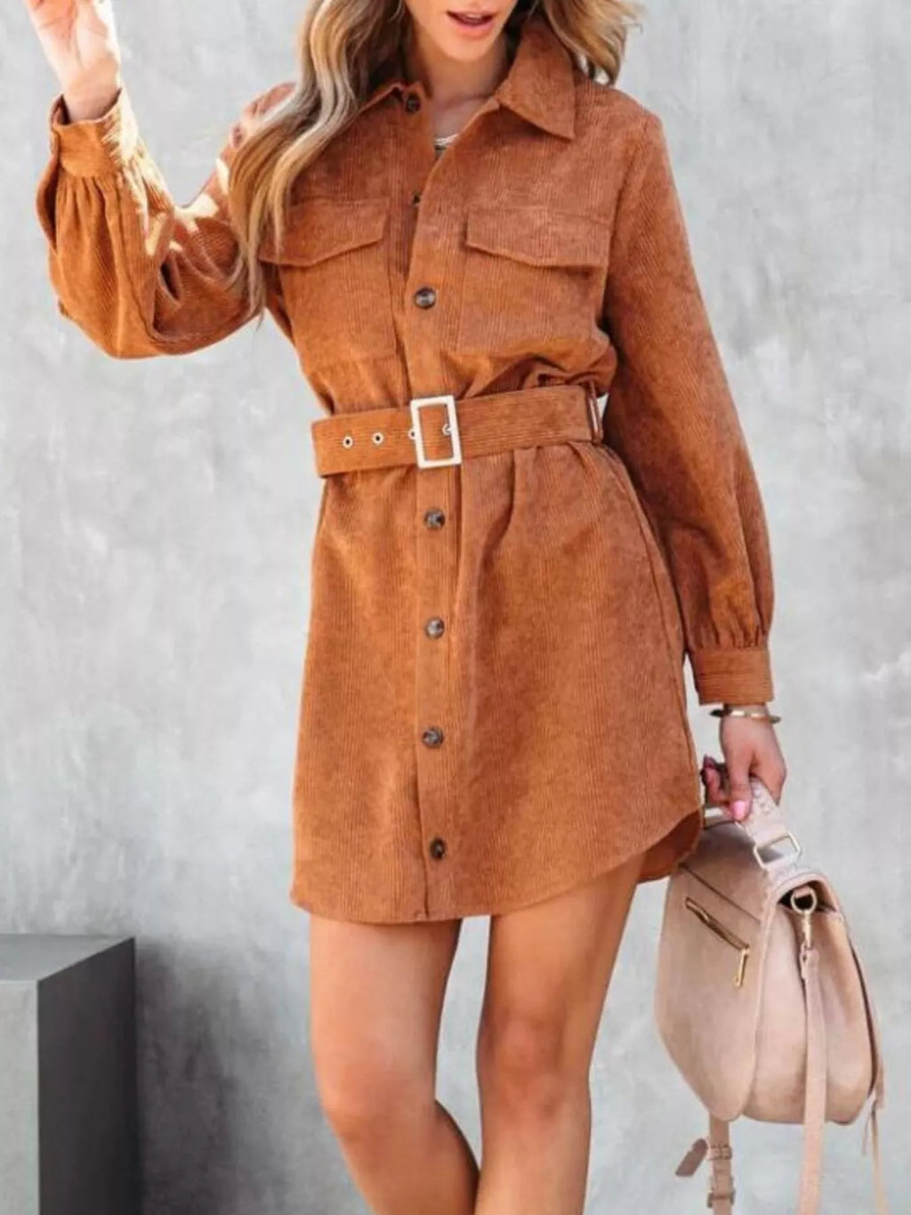 Corduroy Mini Shirt Dress Button Front Belt Long Sleeve c174c4c8-a14f-4bfa-bbf0-d8bf3c38d1f2-Max-Origin Trendsi
