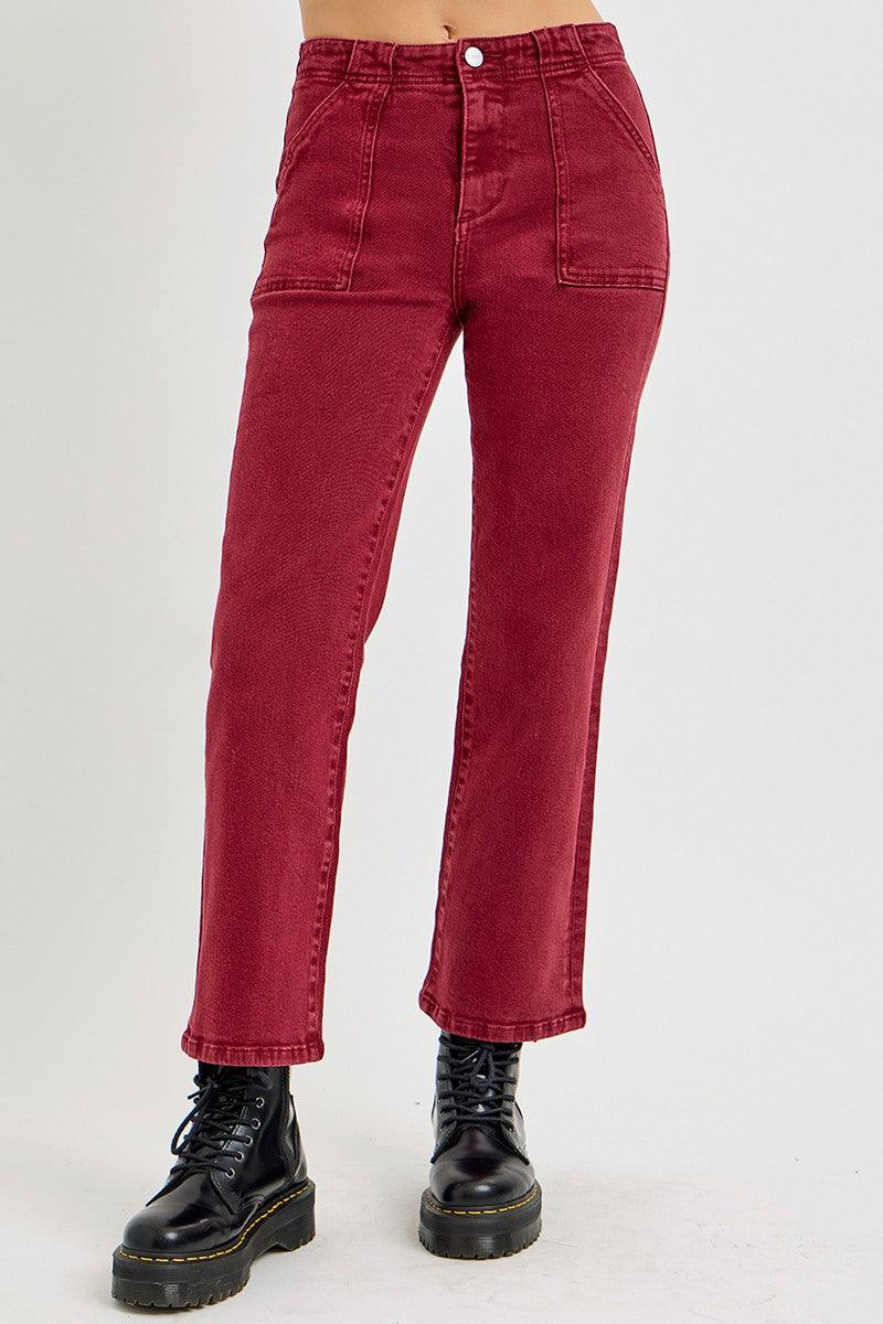 RISEN Wine Red High Women Jeans Rise Straight with Patch Pockets