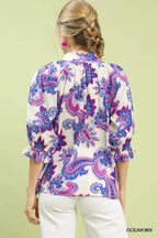 Umgee Womens Blouse Ocena Blue Mix Paisley Print Button Front with Scallop Trim c178dc06-2a08-407b-aed8-49dbb19da04f-Max-Origin Trendsi