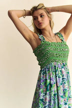 Davi & Dani Midi Dress Multi Green Floral Smocked Bodice Geo Ruffle Strappy c193097e298945bdb1871ded38117bde-Max-Origin Trendsi