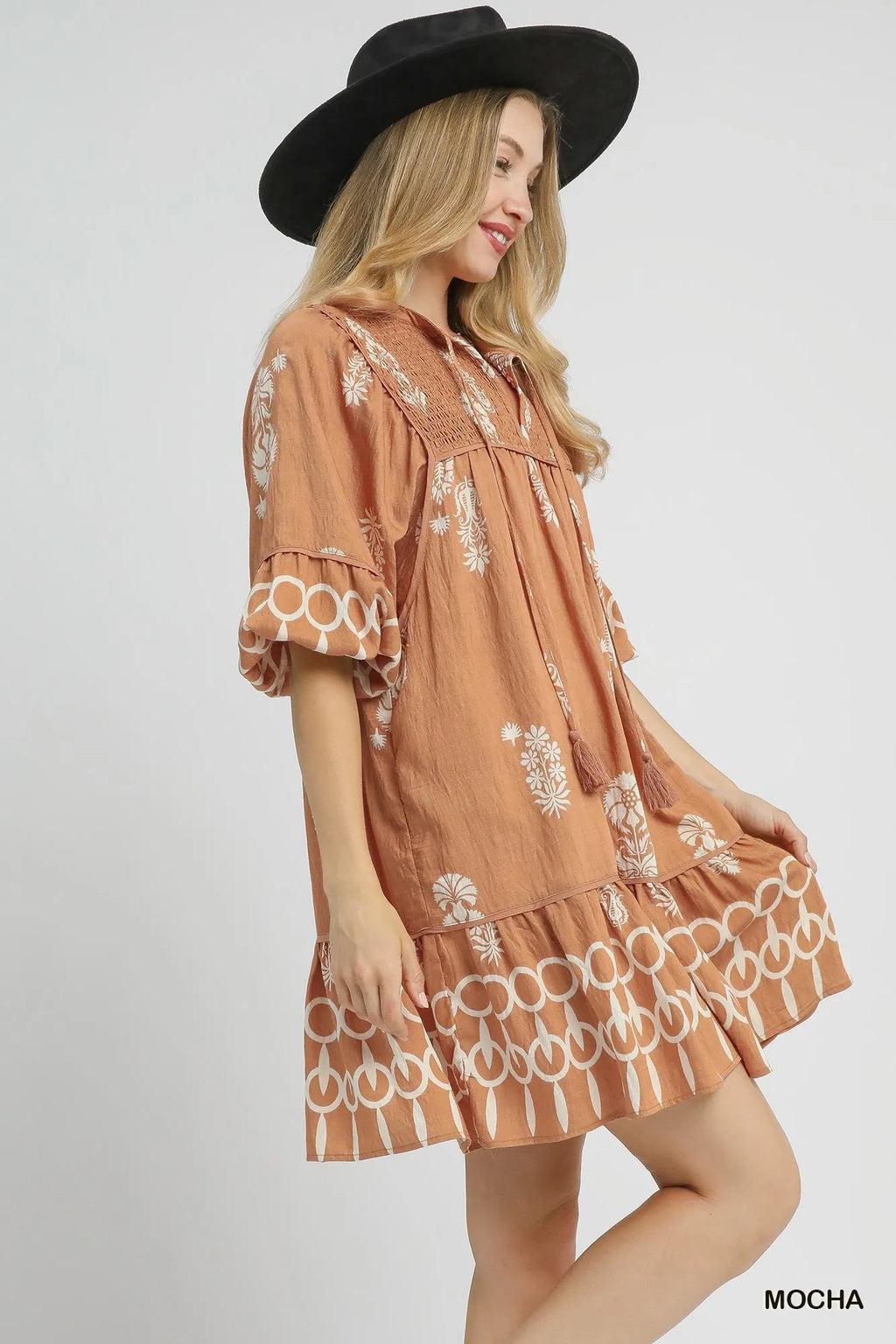 Umgee Mini Dress Mocha Boarder Print Tassel Tie Neck Ruffled c1966ec4-2d65-4d2f-bca5-3c26e0394b65-Max-Origin Trendsi