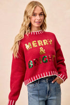 BiBi Christmas Theme Sweater Sequin Lattering Womens Red Knit Pullover c19d7079b6b54ee28c1c865c6dfb2188-Max-Origin Trendsi