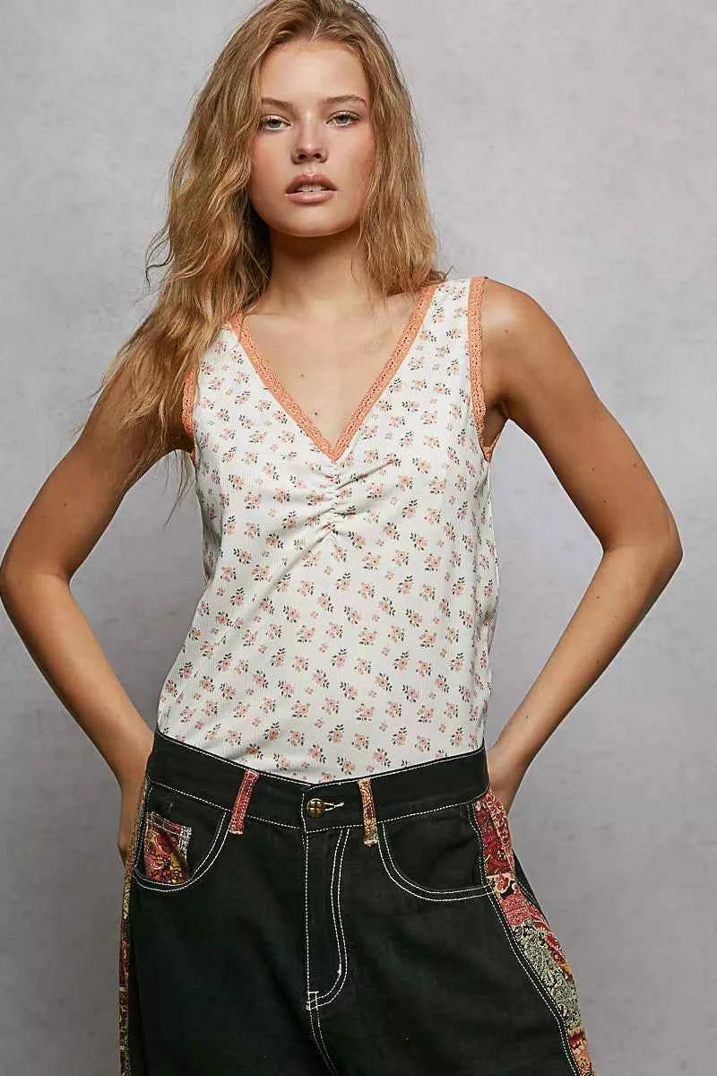 POL Tank Top Floral Ivory Ruched V-Neck with Lace Detail Blouse c1a4f7f5-fa93-4caa-b9c5-963ec3c95898-Max-Origin Trendsi