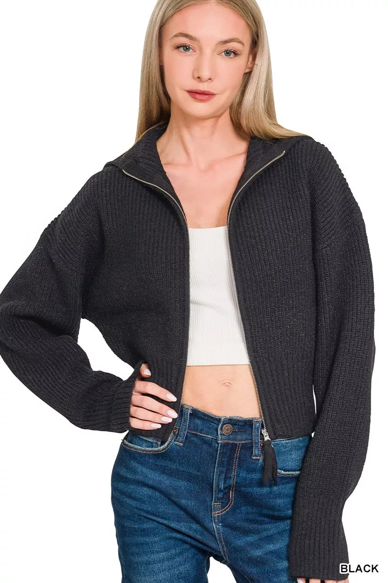 Zenana Womens Cardigan Black Ribbed Collared Zip Up Sweater c1b383b9d9084961926ada506d831c87-Max-Origin Trendsi