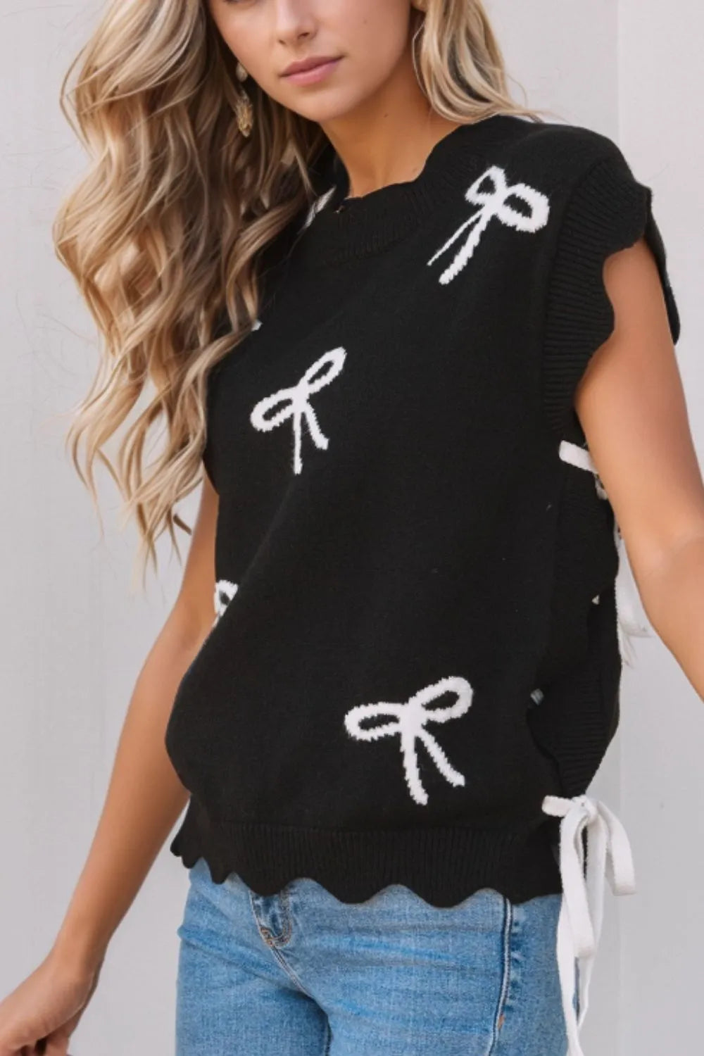 Women's Sweater Black Bow Side Ties Scalloped Hem Cap Sleeve c1be446e-c57a-413b-af33-cf6a48f0f74a-Max-Origin Trendsi