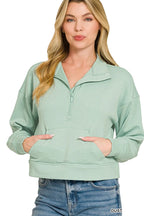 Zenana Scuba Half-Zip Pullover with Kangaroo Pockets
